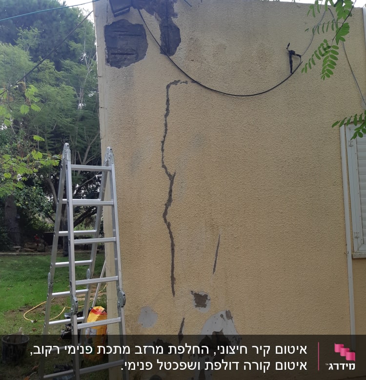 קיר עם סדקים ותיקונים, סולם ליד הקיר